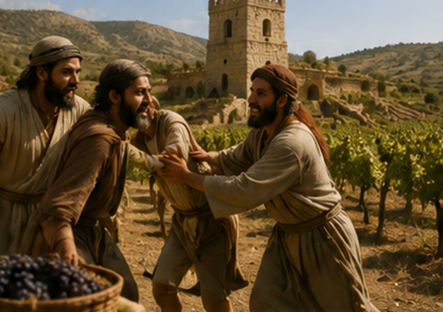 Men struggling in a vineyard